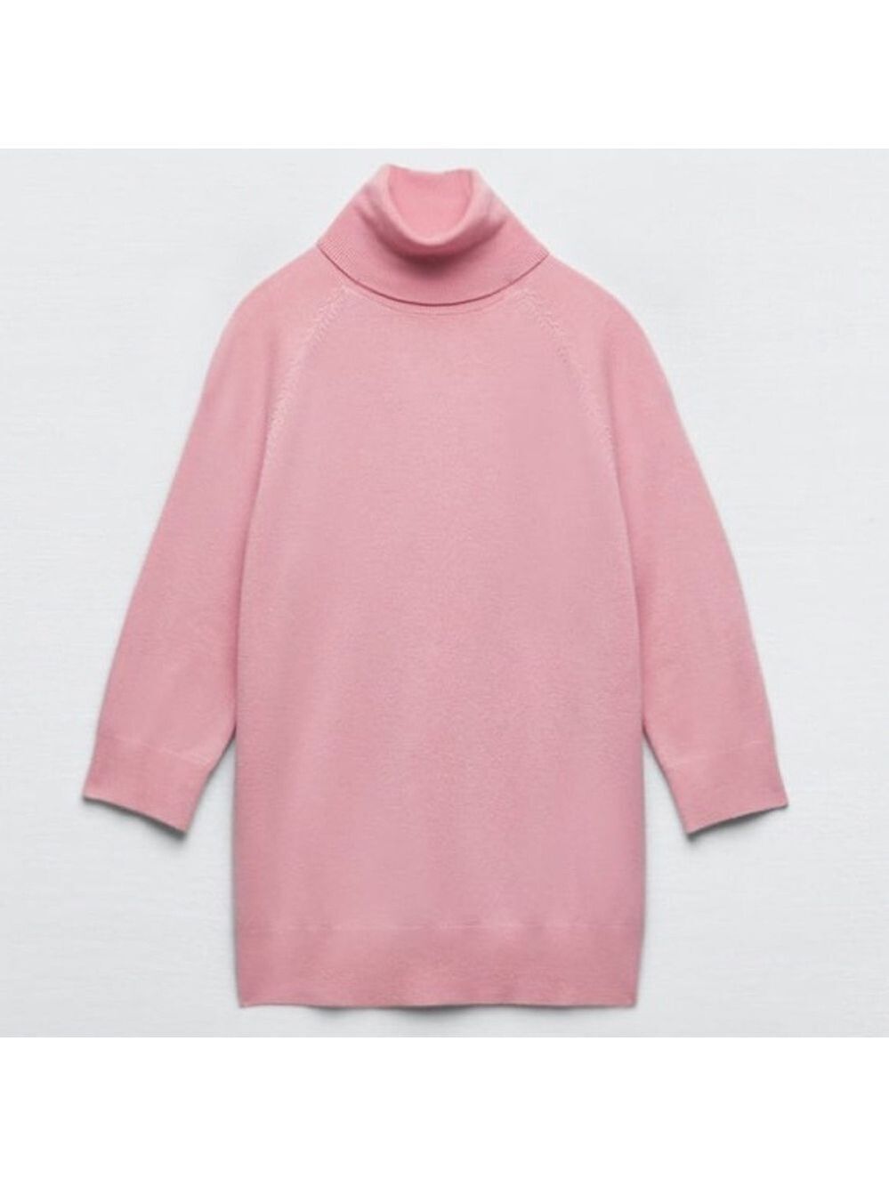 Zara High Collar Turtleneck Fine Ribbed Knit 3/4 Sleeve Sweater in Pink